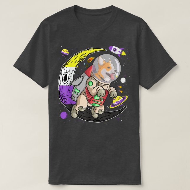 Camiseta Cute Corgi Dog In Space NonBinary Agender Genderqu (Frente do Design)