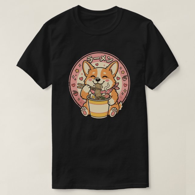 Camiseta Cute Corgi Eating Ramen Kawaii Japanese Noodle  (Frente do Design)