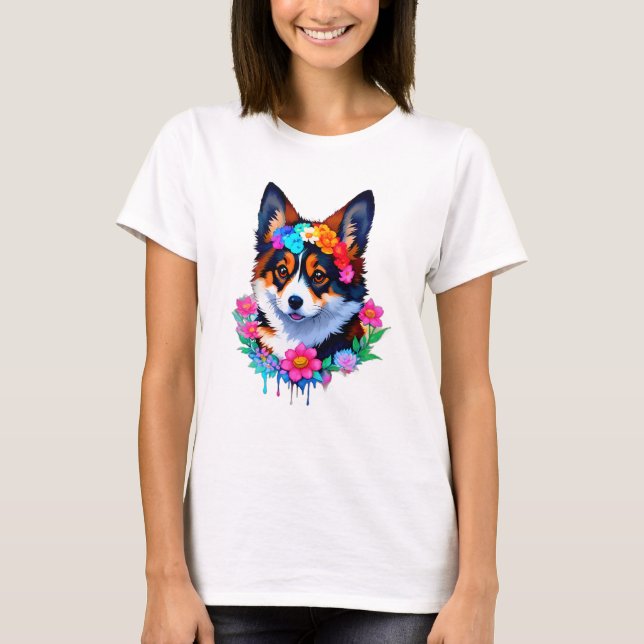 Camiseta Cute Corgi Puppy com flores Corgicore! (Frente)
