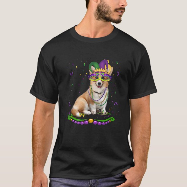 Camiseta Cute Corgi Vestindo Máscara Mardi Gras Dogs L (Frente)