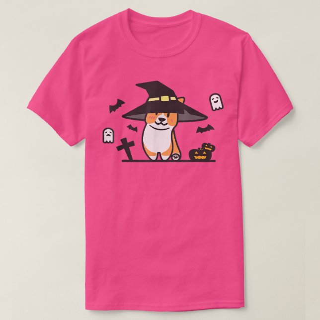Camiseta Cute Corgi Witch Spooky Ghost Bat Pumpkin Hallowee (Frente do Design)