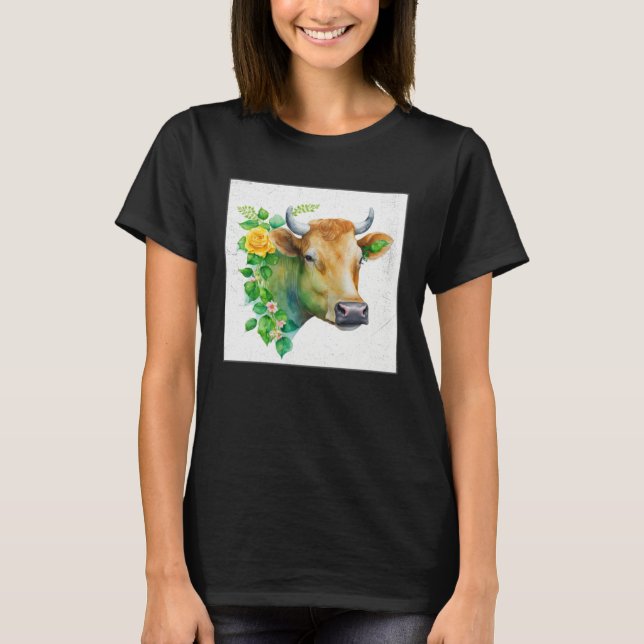 Camiseta Cute Cow Illustration Flowers Laefy Green Women Me (Frente)