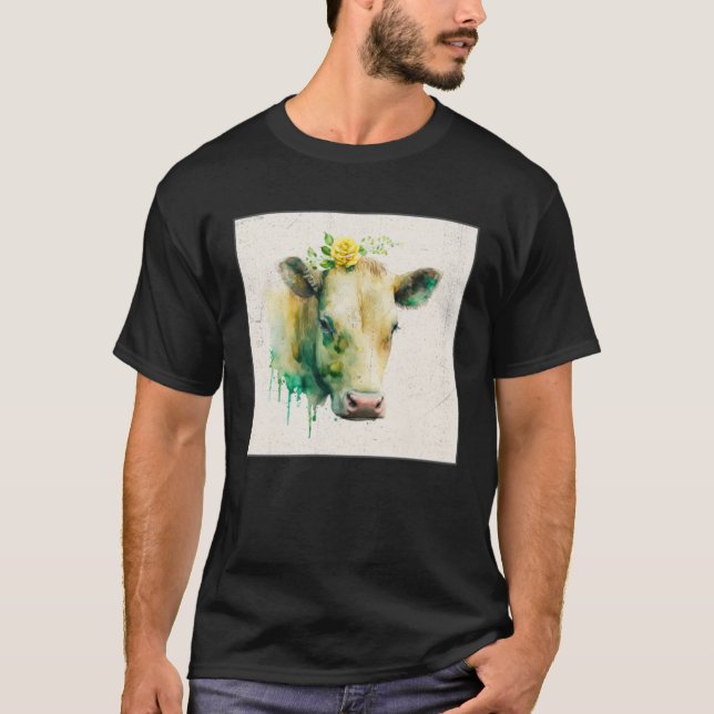 Camiseta Cute Cow Illustration Flowers Laefy Green Women Me (Frente)