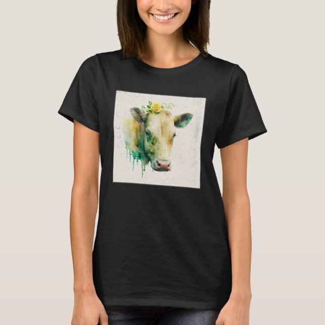Camiseta Cute Cow Illustration Flowers Laefy Green Women Me (Frente)