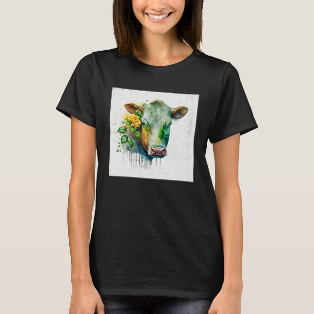 Camiseta Cute Cow Illustration Flowers Laefy Green Women Me (Frente)