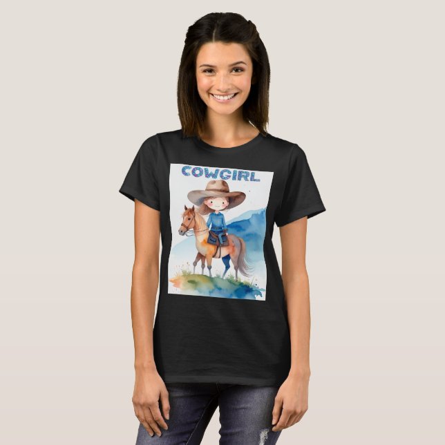 Camiseta Cute Cowgirl Girl Riding Horse Watercolor Design (Frente Completa)