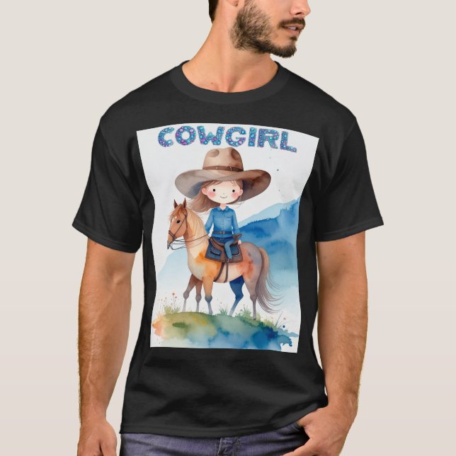 Camiseta Cute Cowgirl Girl Riding Horse Watercolor Design (Frente)
