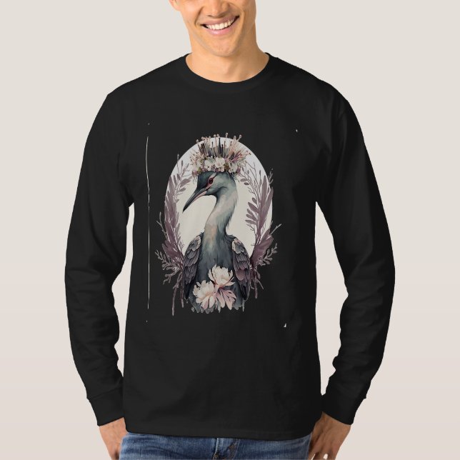 Camiseta Cute Crane Bird Flower Crown Floral Birding (Frente)