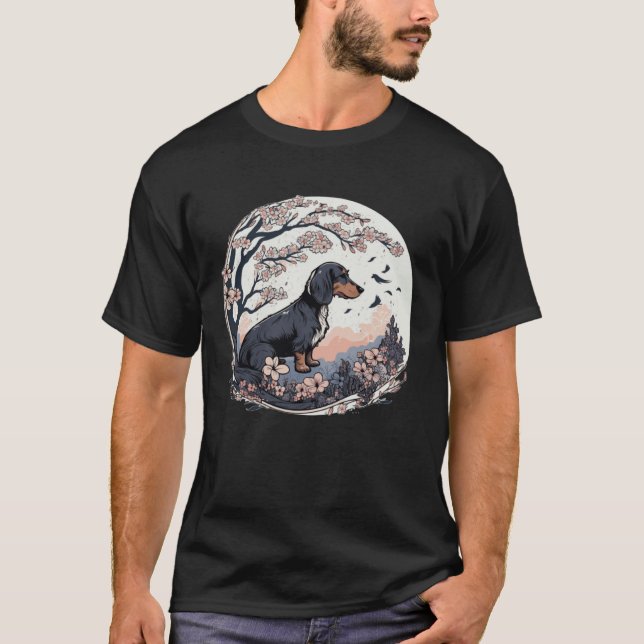 Camiseta Cute Dachshund Cherry Blossom Dog Breed Japanese W (Frente)