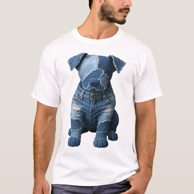 Camiseta Cute Denim Patchwork Art Dog T-Shirt (Frente)