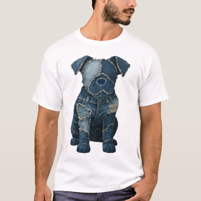 Camiseta Cute Denim Patchwork Art Dog T-Shirt (Frente)