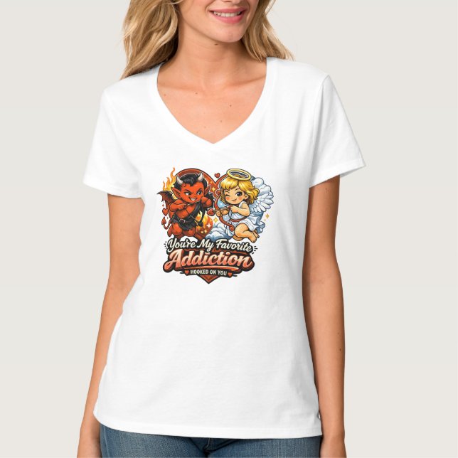 Camiseta Cute Devil & Angel Dia dos Namorados Amor Design (Frente)