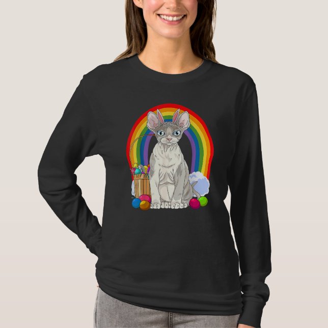 Camiseta Cute Devon Rex Cat Rainbow Felz pascoa Coelho (Frente)