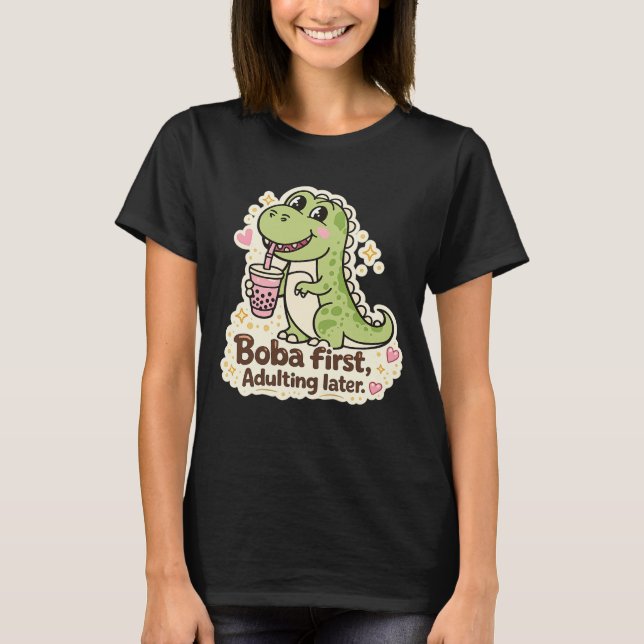 Camiseta Cute Dino drinking bubble tea, boba tea (Frente)