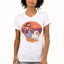 Cute Dog Mom Walking Fluffy Pup on Sunset Beach 