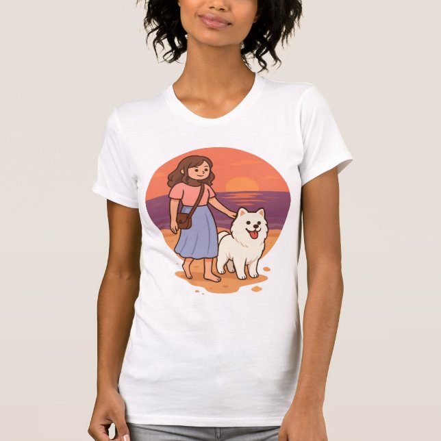 Camiseta Cute Dog Mom Walking Fluffy Pup on Sunset Beach  (Frente)