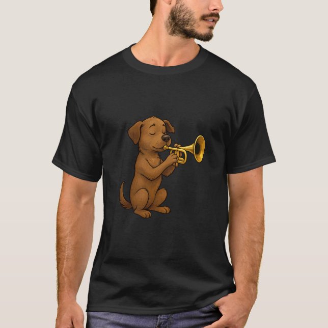 Camiseta Cute Dog Playing Trumpet, Funny Dog Trumpet (Frente)