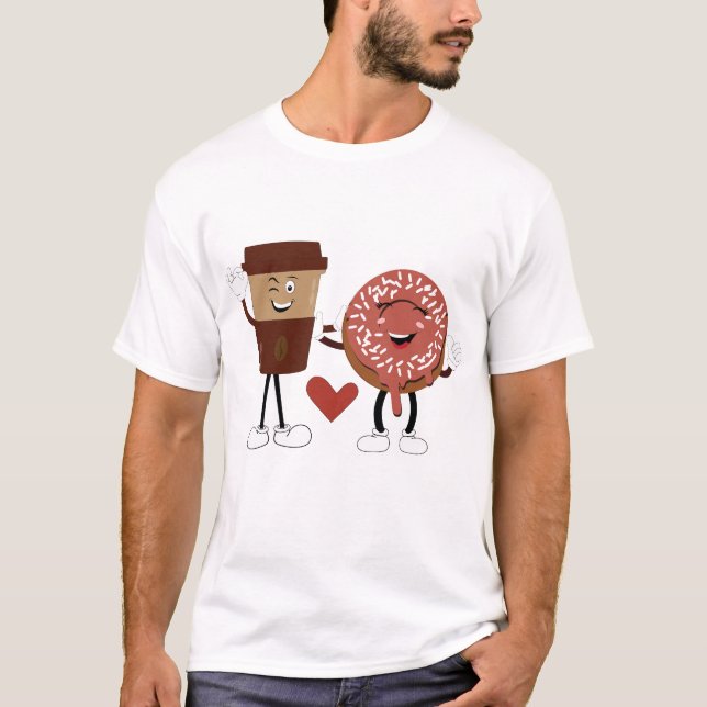 Camiseta Cute Donut and Coffee Couple Valentine Design (Frente)