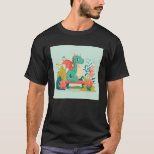 Camiseta Cute Dragão Verde sentado em um banco em um jardim