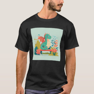 Camiseta Cute Dragão Verde sentado em um banco em um jardim