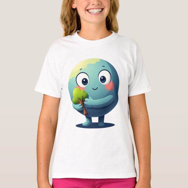 Camiseta Cute Earth Hugging Tree Eco Love Cartoon Tshirt (Frente)