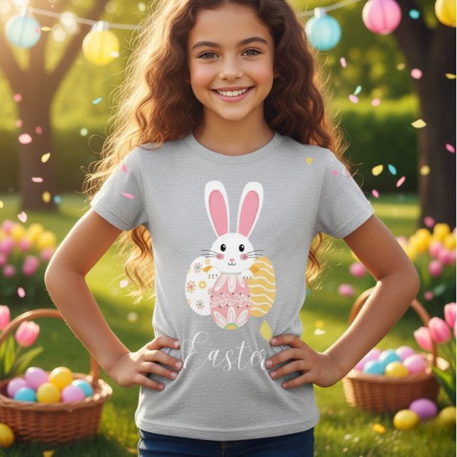 Camiseta Cute Easter Bunny Pattern Eggs Girls T-Shirt (Criador carregado)