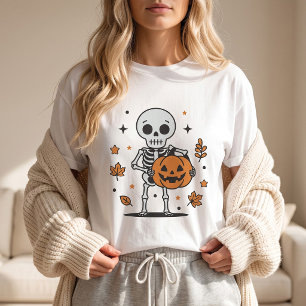 Camiseta Cute Esqueleto Segurando Abóbora Halloween
