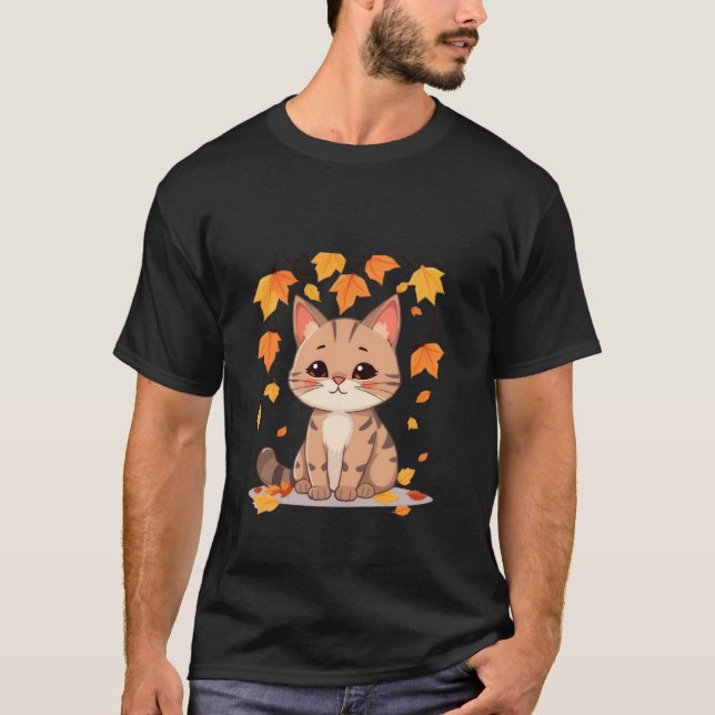Camiseta Cute Fall Cat Autumn Leaves Gold Orange Art ✨🐾🍂 (Frente)