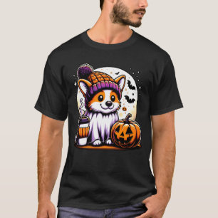 Camiseta Cute Fantasma Corgi Abóbora Bebidas Beanie Outono