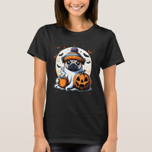 Camiseta Cute Fantasma Pug Abóbora Drinks Beanie Outono Hal