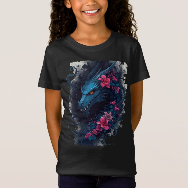 Camiseta Cute Floral Fierce Blue Dragon and Flowers (Frente)