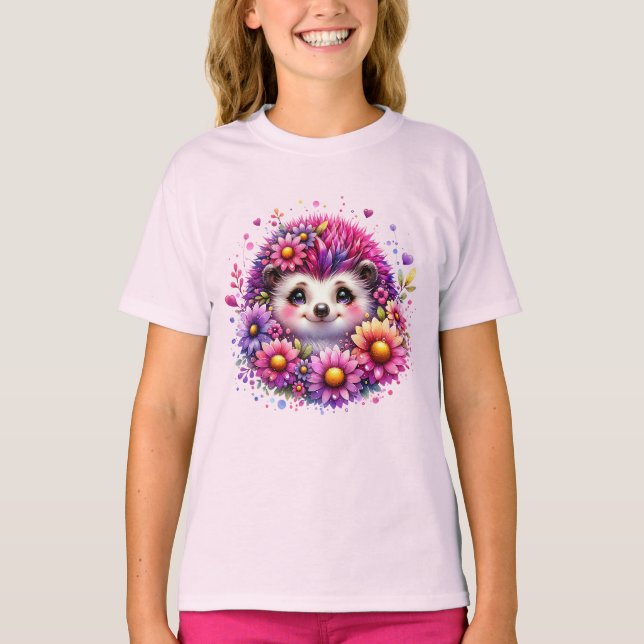 Camiseta Cute Floral Hedgehog Illustration T-Shirt (Frente)