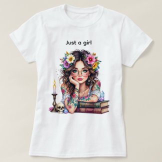 Camiseta Cute flower book candle girl with glasses