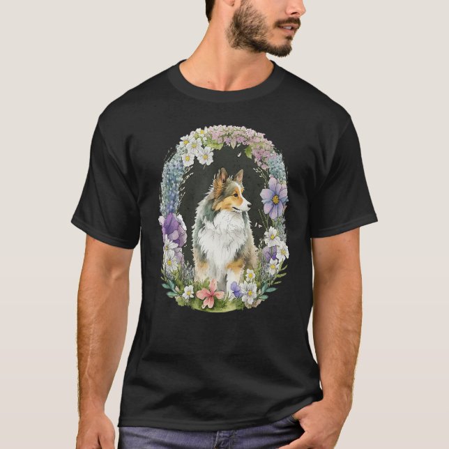 Camiseta Cute Flower Sheltie summer Floral Shetland Sheepdo (Frente)