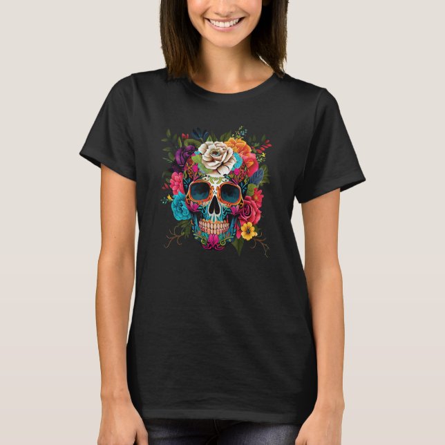 Camiseta Cute Flowery Sugar Skull for the Day of the Dead (Frente)
