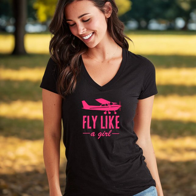 Camiseta Cute Fly Like A Girl Pink Airplane Girly Aviation  (Criador carregado)