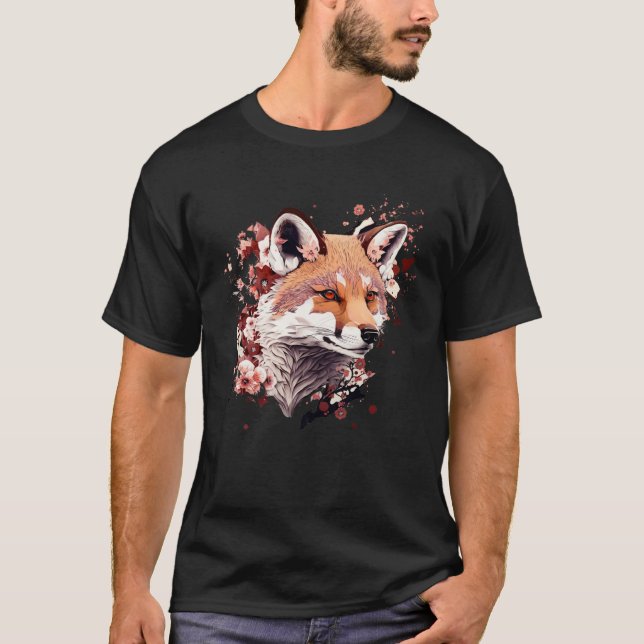 Camiseta Cute Fox Japanese  Cherry Blossom Flower Artwork (Frente)