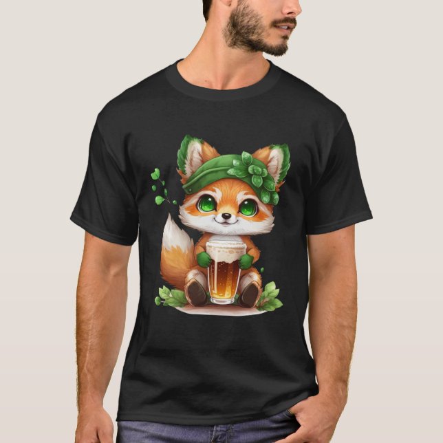 Camiseta Cute Fox Loves Beer St Patrick s Day (Frente)