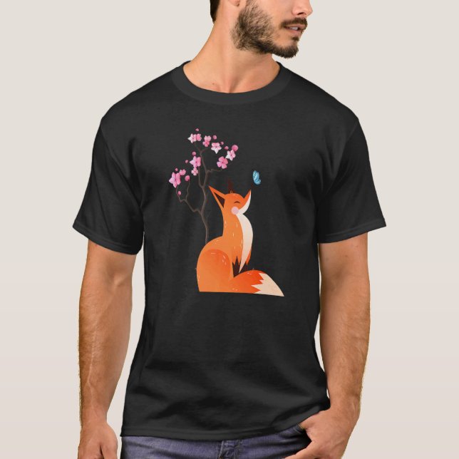 Camiseta Cute Fox Shirt Japanese Cherry Flower And Butterfl (Frente)