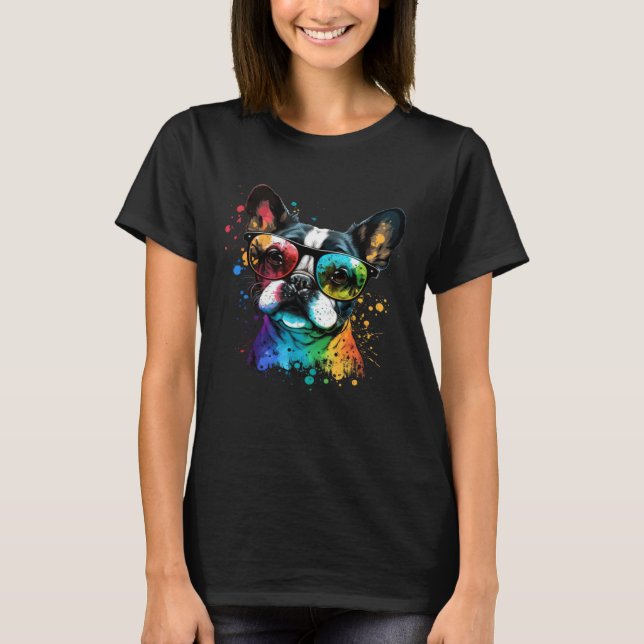 Camiseta Cute French Bulldog Face Glasses Colorful Graphic  (Frente)