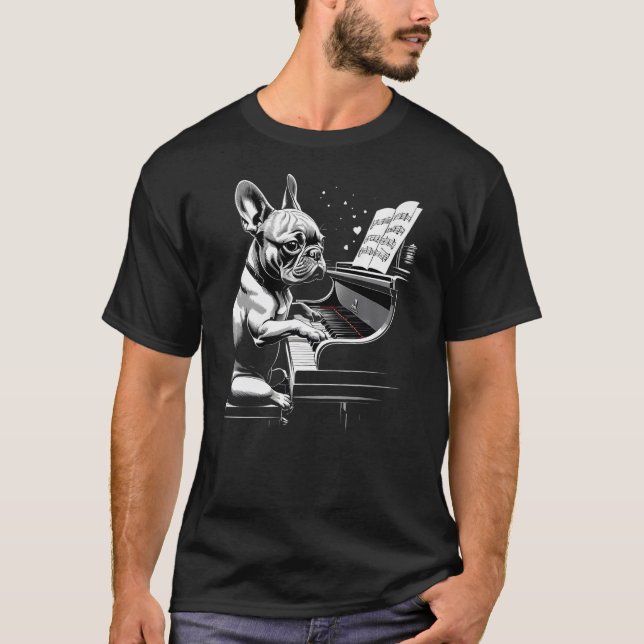Camiseta Cute French Bulldog Playing Piano Funny Dog and Pi (Frente)