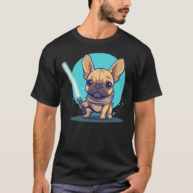 Camiseta Cute Frenchie Holding Light Laser Saber Sword Dog  (Frente)