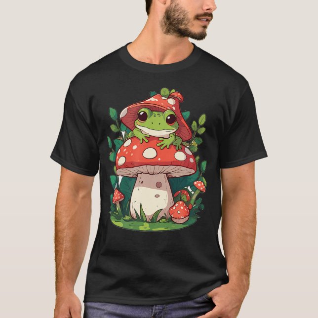 Camiseta Cute Frog On Mushroom Cartoon Aesthetic (Frente)