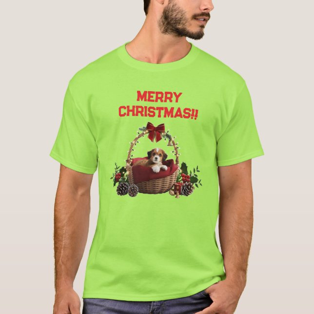 Camiseta Cute Fun Merry Christmas Puppy Basket (Frente)