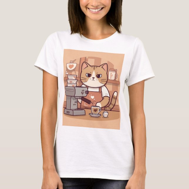 Camiseta Cute Funny Barista Cat with Coffee T-shirt (Frente)