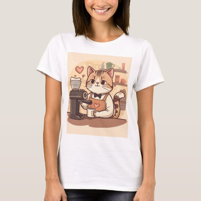 Camiseta Cute Funny Barista Cat with Coffee T-shirt (Frente)