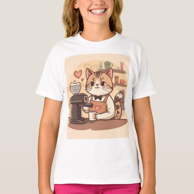 Camiseta Cute Funny Cartoon Barista Cat Kid's T-shirt (Frente)