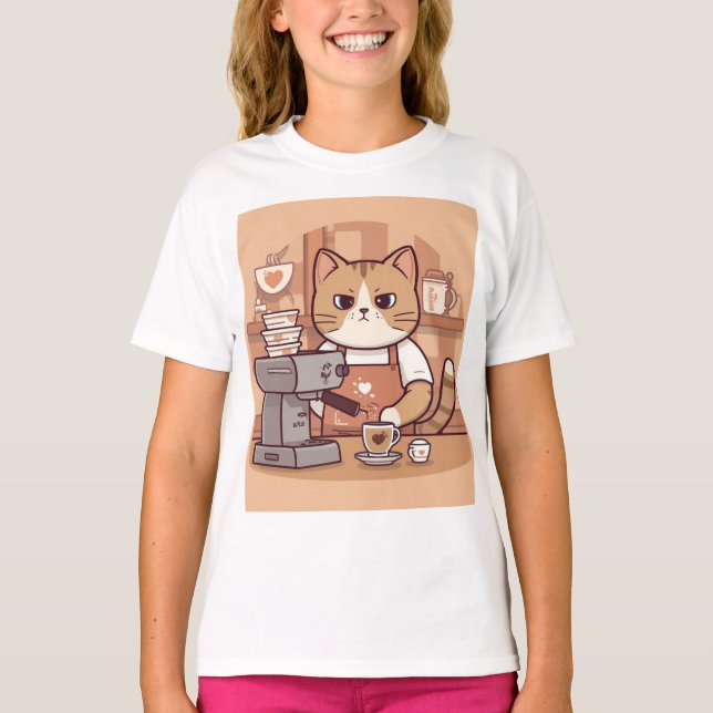 Camiseta Cute Funny Cartoon Barista Cat Kid's T-shirt (Frente)