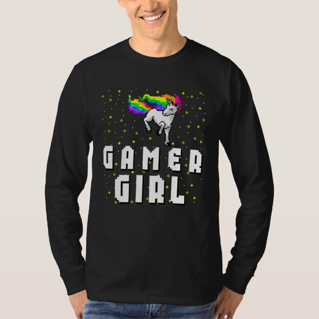 Camiseta Cute Gamer Girl Galaxy Rainbow Unicorn Video Game  (Frente)