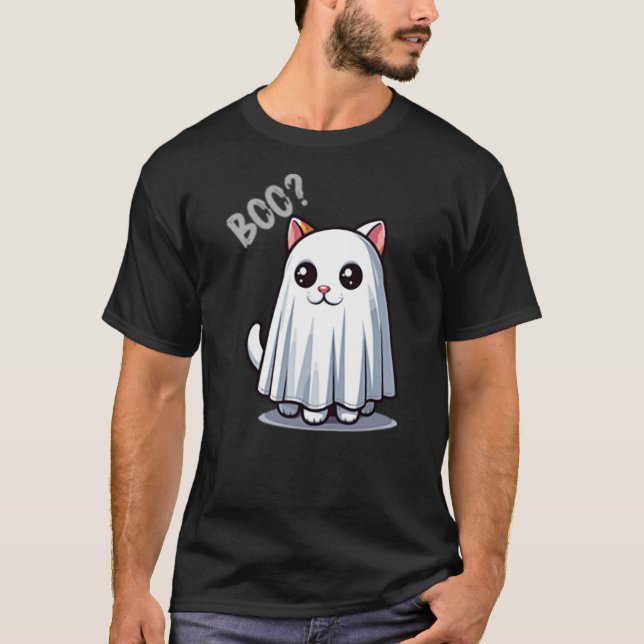 Camiseta Cute Ghost Cat Boo Halloween Kawaii Minimalist (Frente)